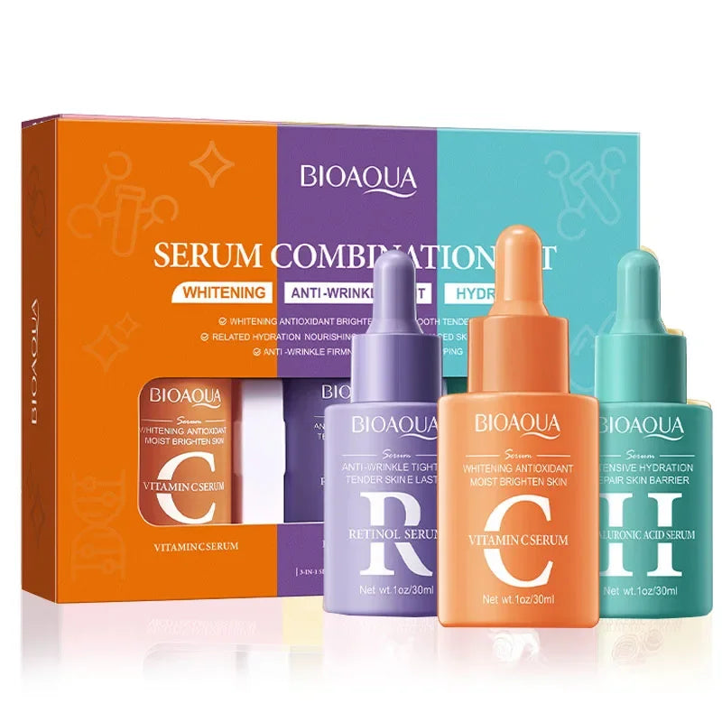 Kit Sérum Bioaqua Hidratante Facial Anti Rugas: Vitamina C, Retinol e Ácido Hialurônico